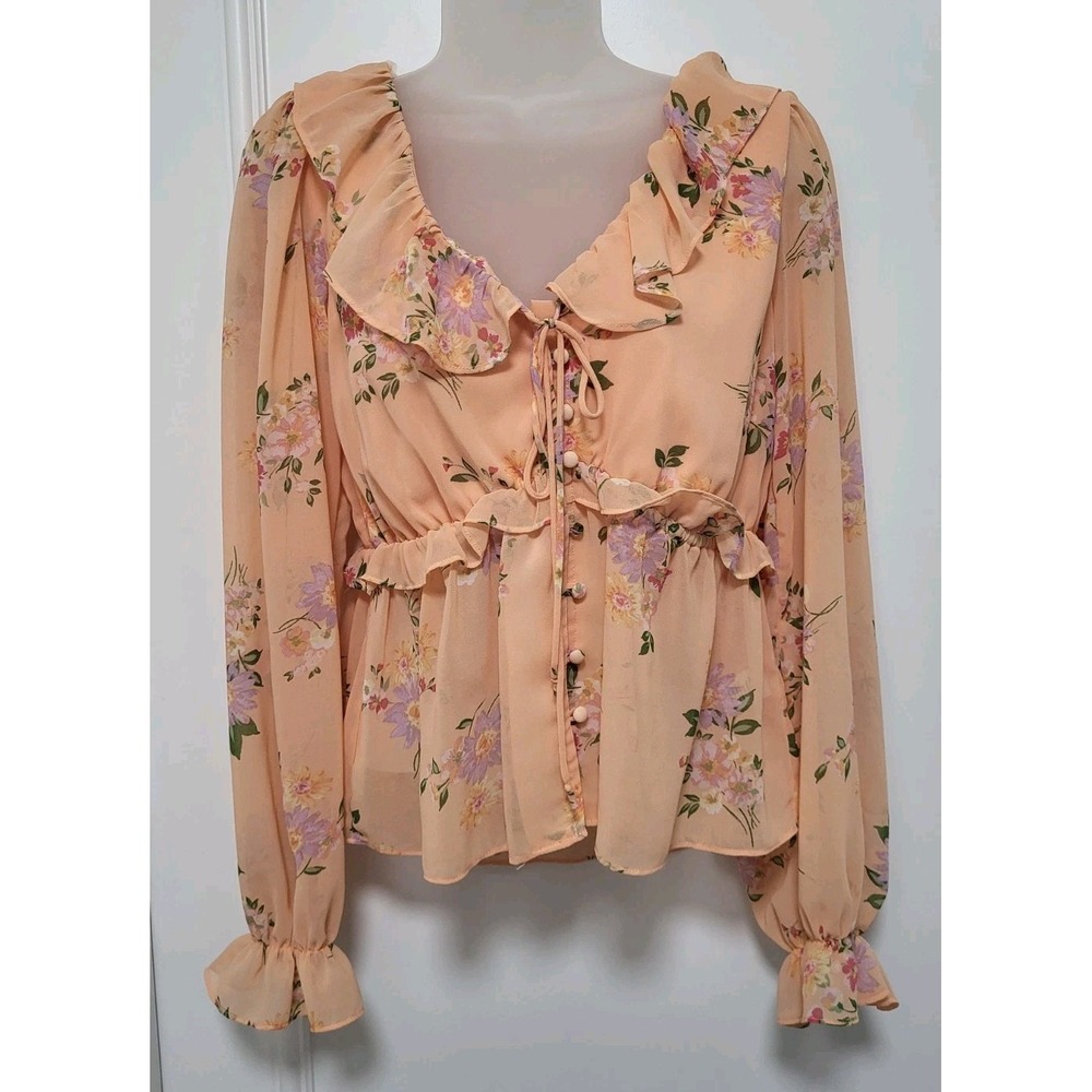 Peach Floral Chiffon Coquette Babydoll Fairy Feminine Button Up Peplum Top M